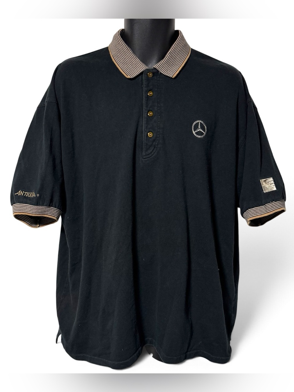 Vtg 90s Mercedes-Benz Antigua Black Polo Shirt XL Striped Collar Embroidered